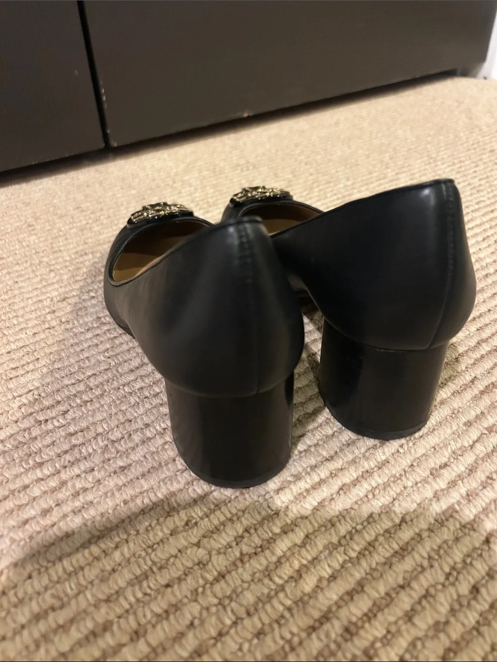 Tory Burch Black Leather Heels with Gold Logo Medallion